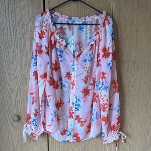 NEW Estelle Red Blue Pink Floral Sheer Peasant Blouse Long Sleeves 1X